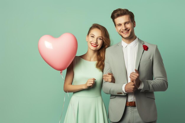 Un jeune couple joyeux se tient isolé sur un fond rose tenant un groupe de ballons d'air célébrant