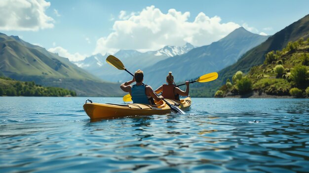 Un jeune couple en kayak dans un lac par une journée ensoleillée avec des montagnes enneigées au loin