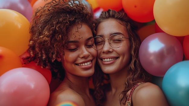 Photo jeune couple de lesbiennes avec des ballons en forme de cœur sur fond bleu célébration de la saint-valentin