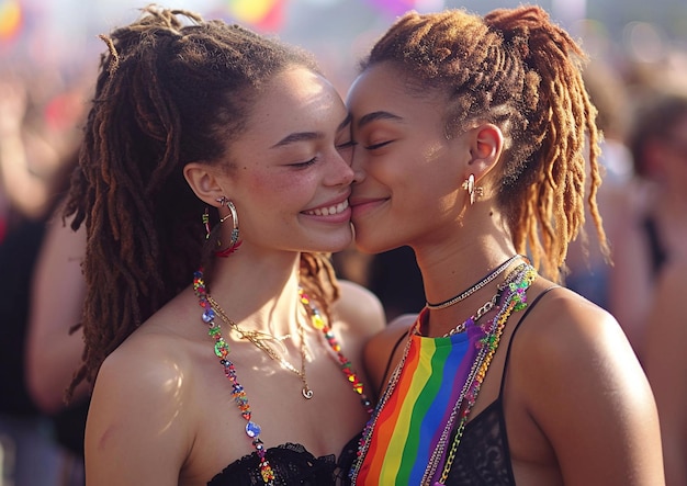Un jeune couple de lesbiennes heureuses s'embrassent lors d'une fête LGBTQ dans la rue.