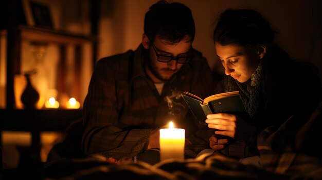 Photo un jeune couple lit un livre à la lumière des bougies, ils sont assis sur un canapé enveloppés de couvertures, la pièce est sombre et confortable.