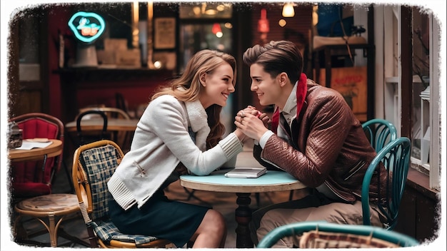 Un jeune couple magnifique qui parle, sourit et se repose dans un café.