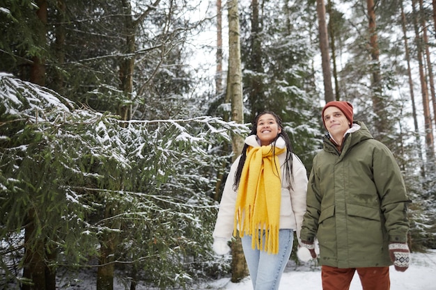 Jeune couple main dans la main marchant à l'extérieur dans la forêt et profitant de la journée d'hiver