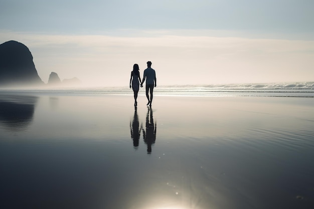 un jeune couple, les mains jointes, marchant côte à côte sur une plage immaculée