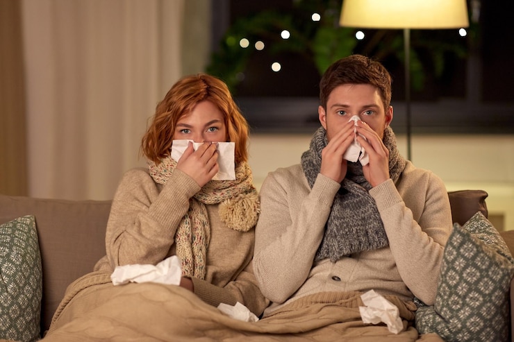 Photo jeune couple malade avec un mouchoir soufflant le nez à la maison