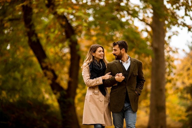 Jeune couple marchant dans le parc en automne