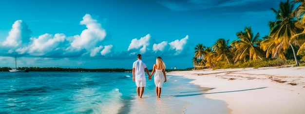 Jeune couple marchant sur la plage de sable blanc sur l'île paradisiaque Generative AI