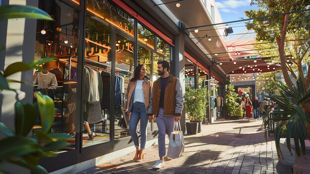 Photo un jeune couple marche dans une rue commerçante la femme sourit et tient la main de l'homme ils portent tous les deux des sacs à courses