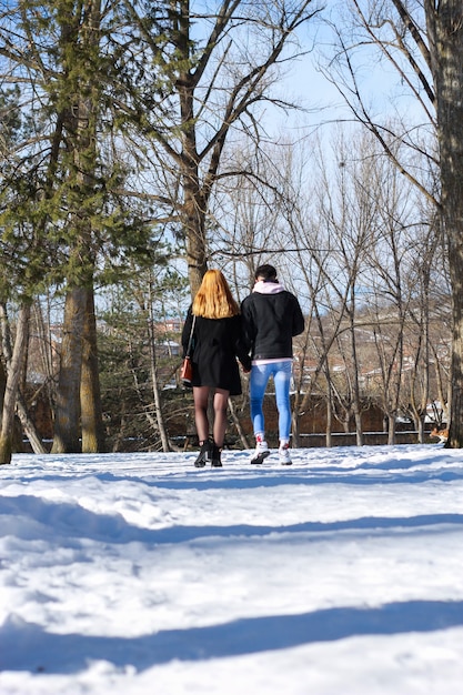 Jeune couple de mariage marchant dans la neige