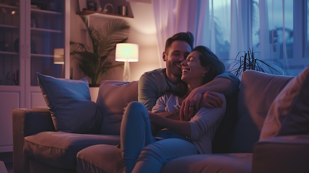 Un jeune couple marié heureux qui s'étreint assis ensemble sur un canapé confortable, heureux de rire, IA générative.