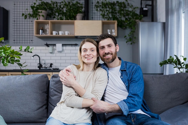 Jeune couple marié homme et femme assis ensemble sur un canapé et étreignant le portrait d'une famille d'âge moyen regardant la caméra