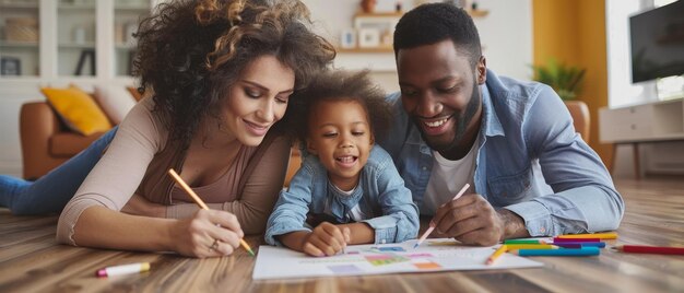 Photo un jeune couple multiculturel et leur adorable fille sont allongés sur un sol en bois dans une maison moderne, dessinant sur du papier avec des crayons de couleur et s'amusant le week-end.