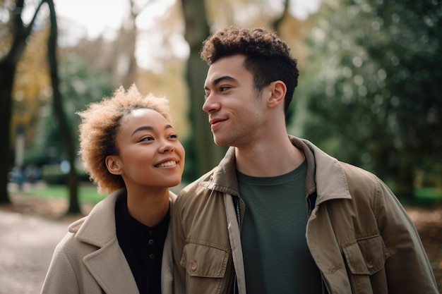 Jeune couple multiethnique s'amusant ensemble au parcAI généré