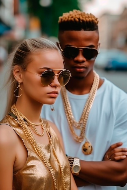 Jeune couple multiracial avec un look de style rappeur