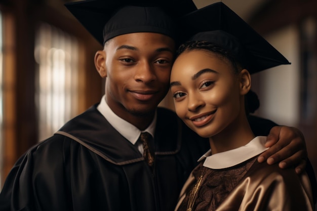 Un jeune couple noir en robe de fin d'année est diplômé deux diplômés d'université heureux et souriants
