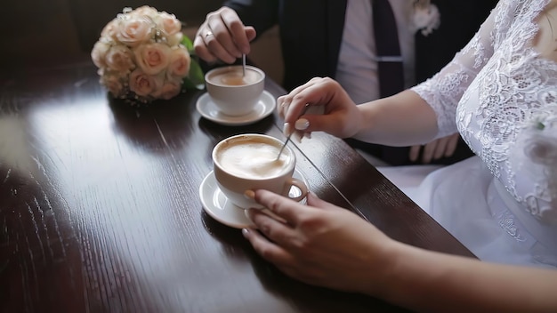 Jeune couple parlant et buvant du café pendant le petit-déjeuner au café Ils mélangent du sucre dans du cappuccino