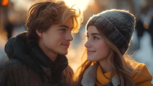 Un jeune couple partage un moment romantique en gros plan d'hiver avec une mise au point douce et une lumière chaude.