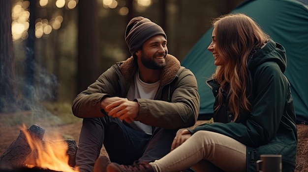 Jeune couple pique-nique assis près d'un feu de camp et d'une tente Boire du café dans la forêt de pins