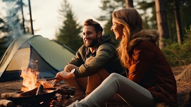 Jeune couple pique-nique assis près d'un feu de camp et d'une tente Boire du café dans la forêt de pins