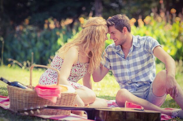 Jeune couple sur un pique-nique en regardant les uns les autres