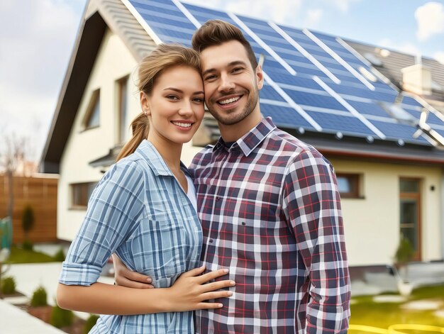 Photo un jeune couple posant devant une maison avec des panneaux solaires