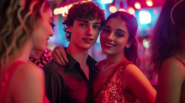 Un jeune couple profitant d'une fête ensemble mode et style de vie scène de la vie nocturne de la ville avec des couleurs vives IA