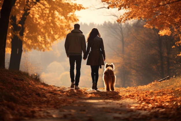 jeune couple promenant un chien dans le parc en automne le soleil brille généré par l'IA