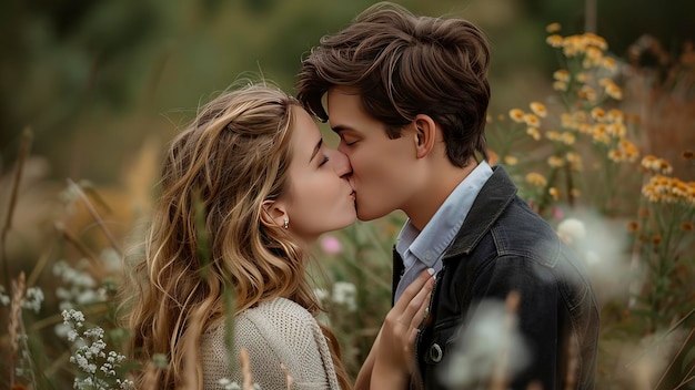 Un jeune couple qui s'embrasse une scène romantique un jeune couple romantique s'embrase