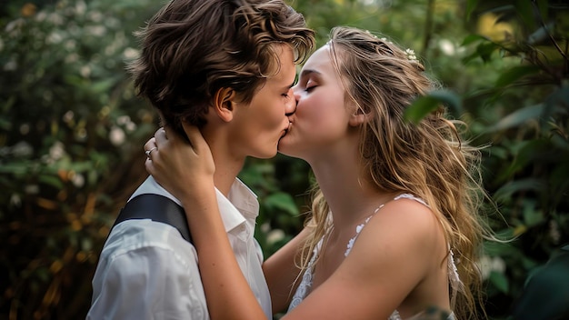 Un jeune couple qui s'embrasse une scène romantique un jeune couple romantique s'embrase