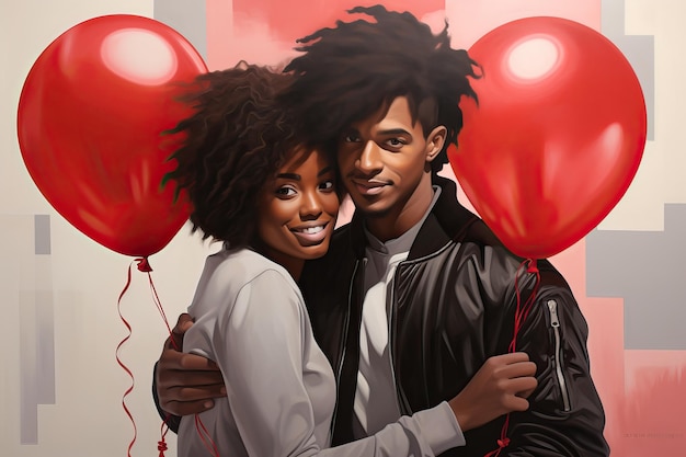 un jeune couple qui tient des ballons en forme de cœur tout en s'embrassant dans le style des arts noirs