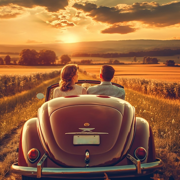 Photo jeune couple regardant le coucher du soleil dans une voiture d'époque