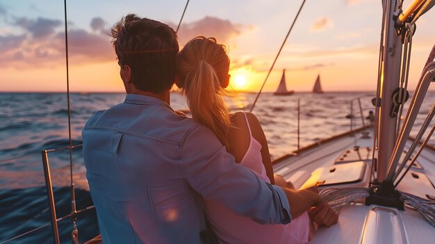 Photo un jeune couple regarde le coucher de soleil depuis un voilier.