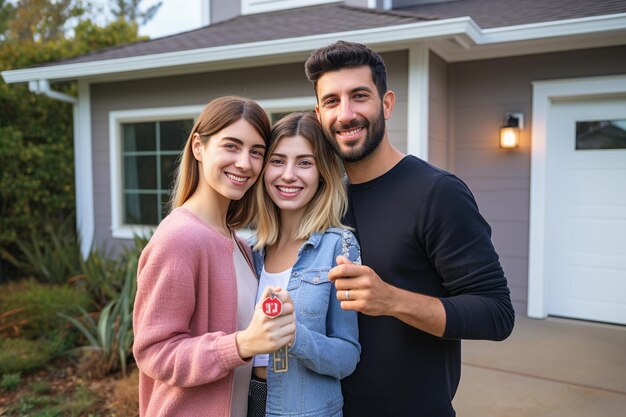 Photo un jeune couple réjouit avec les clés de sa maison après avoir acheté de l'immobilier