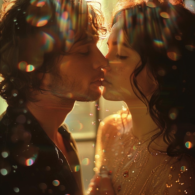 Un jeune couple romantique qui s'embrasse à la fenêtre au coucher du soleil.