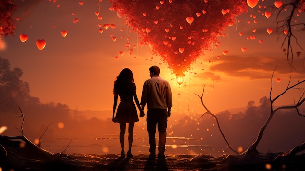 Un jeune couple romantique se promène dans la ville le jour de la Saint-Valentin