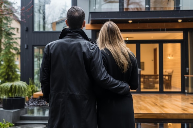 Un jeune couple romantique se tenant par la main et regardant leur maison moderne vue de l'arrière