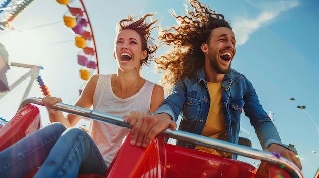 Photo un jeune couple s'amuse sur une montagne russe dans un parc d'attractions. ils rient et apprécient le trajet.