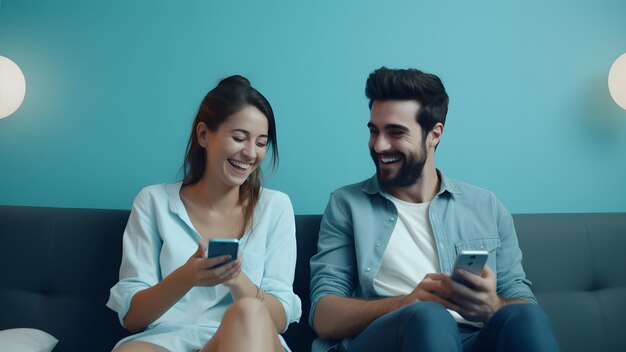 Un jeune couple s'amuse à regarder leurs smartphones, les petits plaisirs de la vie.