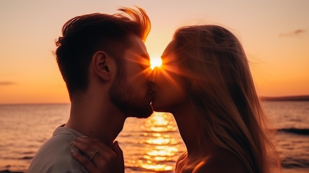 Photo jeune couple s'embrassant sur la plage au coucher du soleil gros plan generative ai