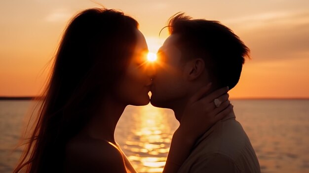 Jeune couple s'embrassant sur la plage au coucher du soleil gros plan Generative AI