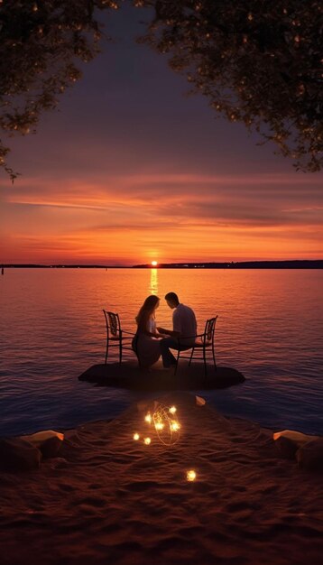 Photo un jeune couple s'embrassant en regardant le coucher de soleil sur la plage