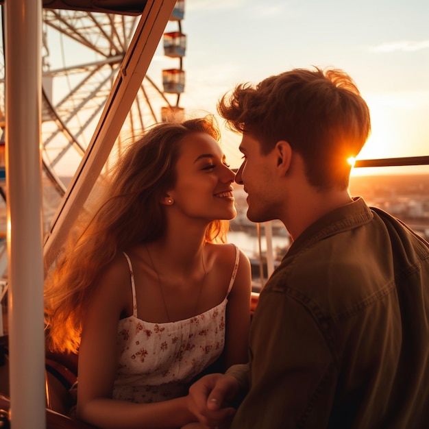 Un jeune couple s'embrassant en regardant le coucher de soleil sur la plage