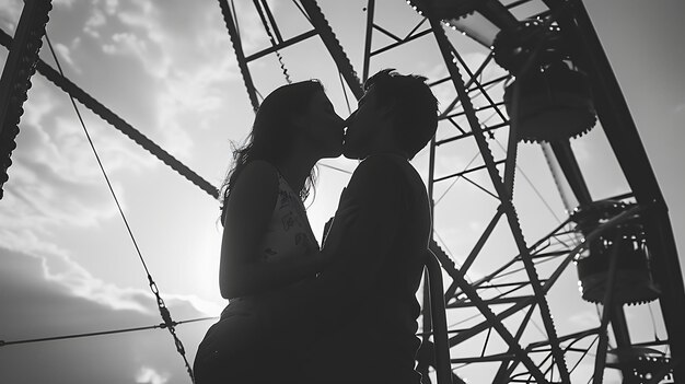 Photo un jeune couple s'embrasse devant une grande roue. l'image est en noir et blanc.