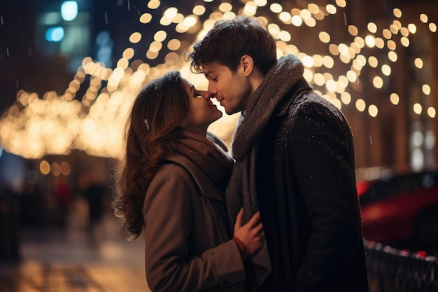 Un jeune couple s'embrasse sous les lumières de Noël le soir du Nouvel An.