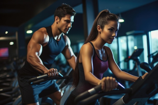 Un jeune couple s'entraînant ensemble dans une salle de sport.