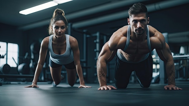 Jeune couple s'entraîne au gymnase Une femme séduisante et un bel homme musclé s'entraînent à la lumière