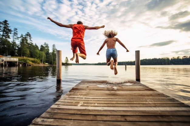 Jeune couple sautant du quai dans l'eau Generative AI