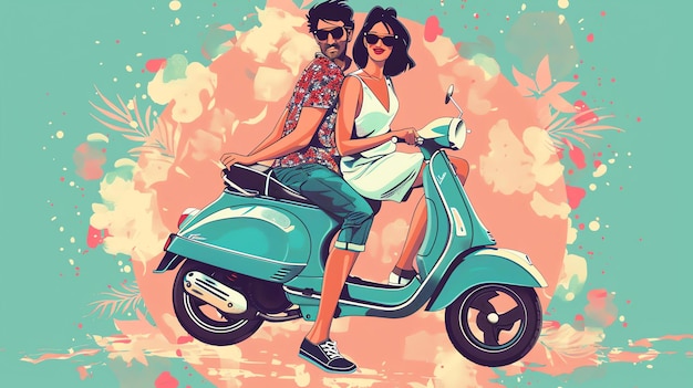 Photo un jeune couple sur un scooter. l'homme conduit et la femme est assise derrière lui avec ses bras enroulés autour de sa taille.