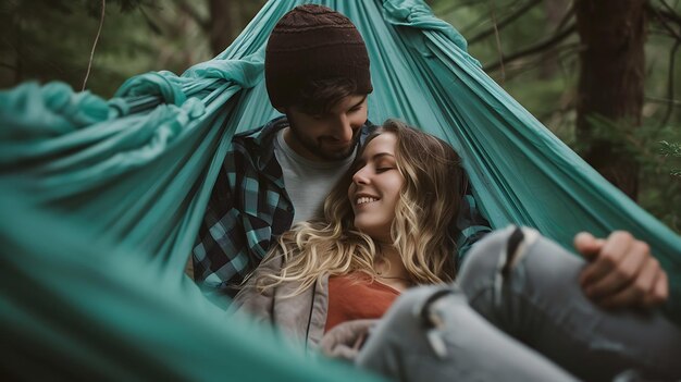 Un jeune couple se détend dans un hamac dans les bois. Ils sourient et ont l'air heureux et détendus.