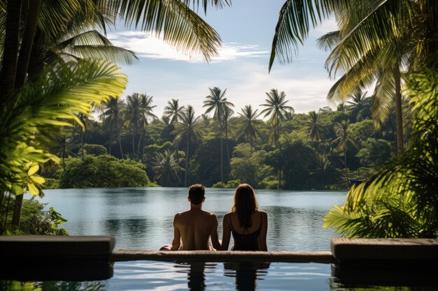 Un jeune couple se détend dans une piscine à débordement située sous des cocotiers entourés d'al